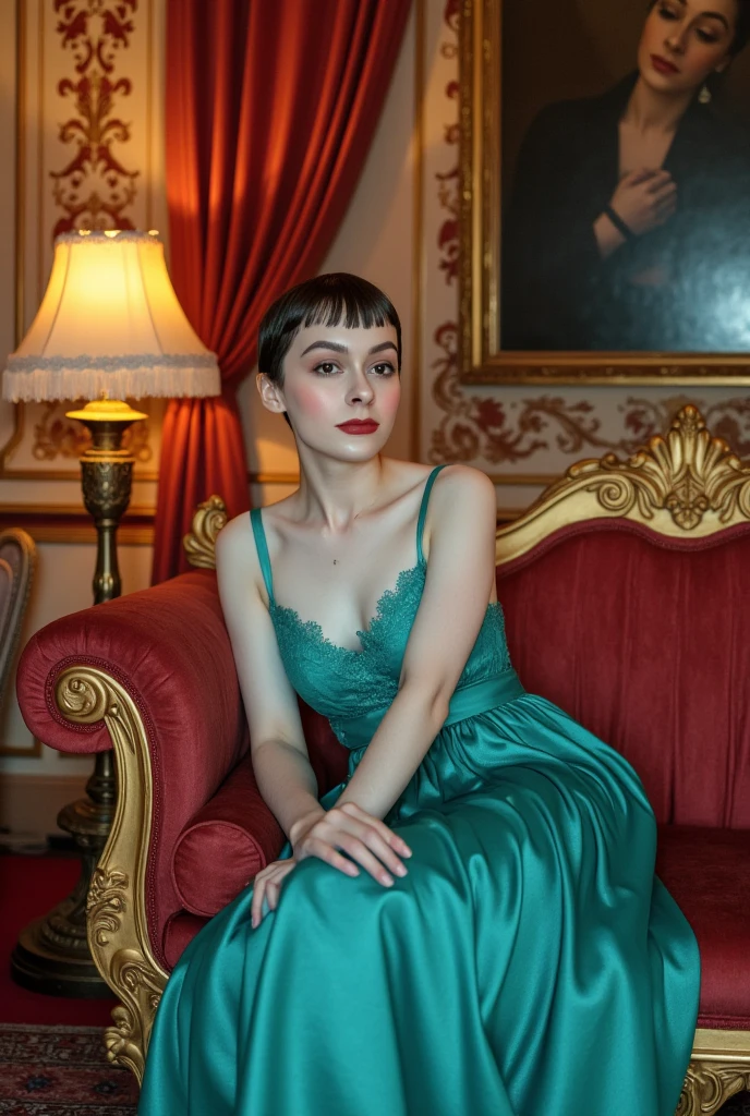 a surreal, luxurious image of a woman sitting elegantly on a lavish, baroque-style couch with ornate golden carvings. She is dressed in a flowing, teal dress with delicate lace details that catch the soft ambient light. Her dark brunette hair is styled in a very short bobs, framing her pale, freckled ethereal face. The room around her is richly decorated, with heavy velvet curtains in a deep crimson hue and walls adorned with intricate, golden floral patterns. A vintage lamp casts a warm glow, contrasting with the cool blue light that illuminates her. The scene has a cinematic, dreamlike quality, with subtle hints of abstraction—the colors appear rich and saturated, giving the room an almost otherworldly atmosphere. In the background, a mysterious, shadowy painting hangs on the wall, adding a sense of intrigue.