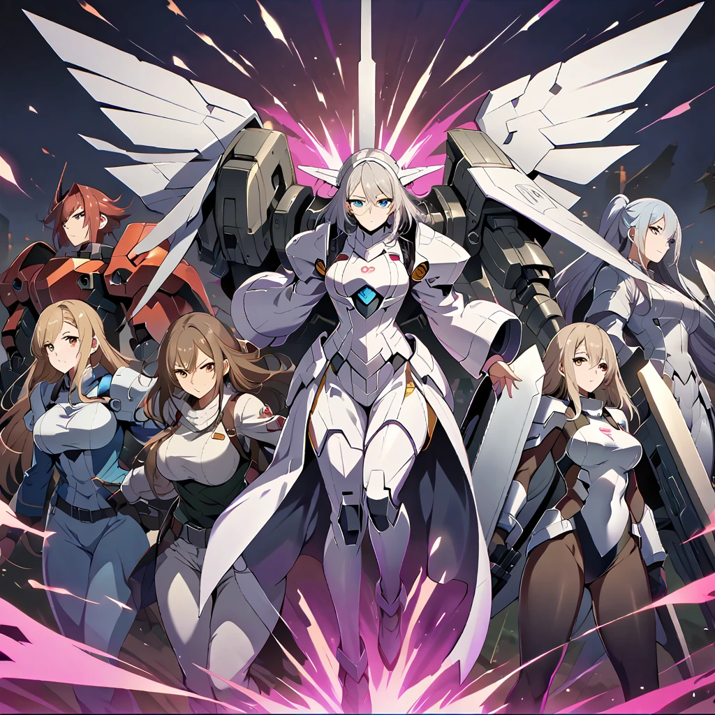 Anime, high detailed, multiple womans, mature womans, platinum-like mecha armor, large mechanical wings, large Gauntlet, serious, curvy body, long mechanical wings, mecha weapons、Colored armors、magenta Colored aura、BLUE Eyes, elongated pupils,  Mature Woman、magenta aura、womans surrounding, background a crumbled city