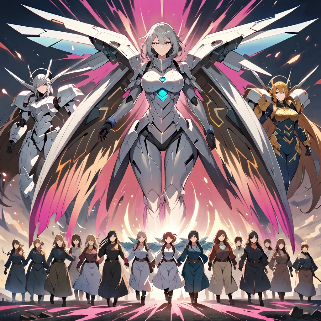 Anime, high detailed, multiple womans, mature womans, platinum-like mecha armor, large mechanical wings, large Gauntlet, serious, curvy body, long mechanical wings, mecha weapons、Colored armors、magenta Colored aura、BLUE Eyes, elongated pupils,  Mature Woman、magenta aura、womans surrounding, background a crumbled city