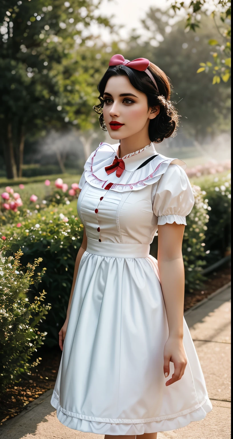 DisneySnowWhite, bow, makeup, puffy short sleeves, hairband, (detailed eyes:0.8), (detailed lips:0.8), blush, textured skin, hourglass figure, (photorealistic:1.2), (warm colors, low contrast, 8k, high quality, shot on Fujifilm X-T4, 85mm f1.2), gigantic breasts, (colorful dress with high collar:1.2), walking in a rose garden, evening, fog, mist nude