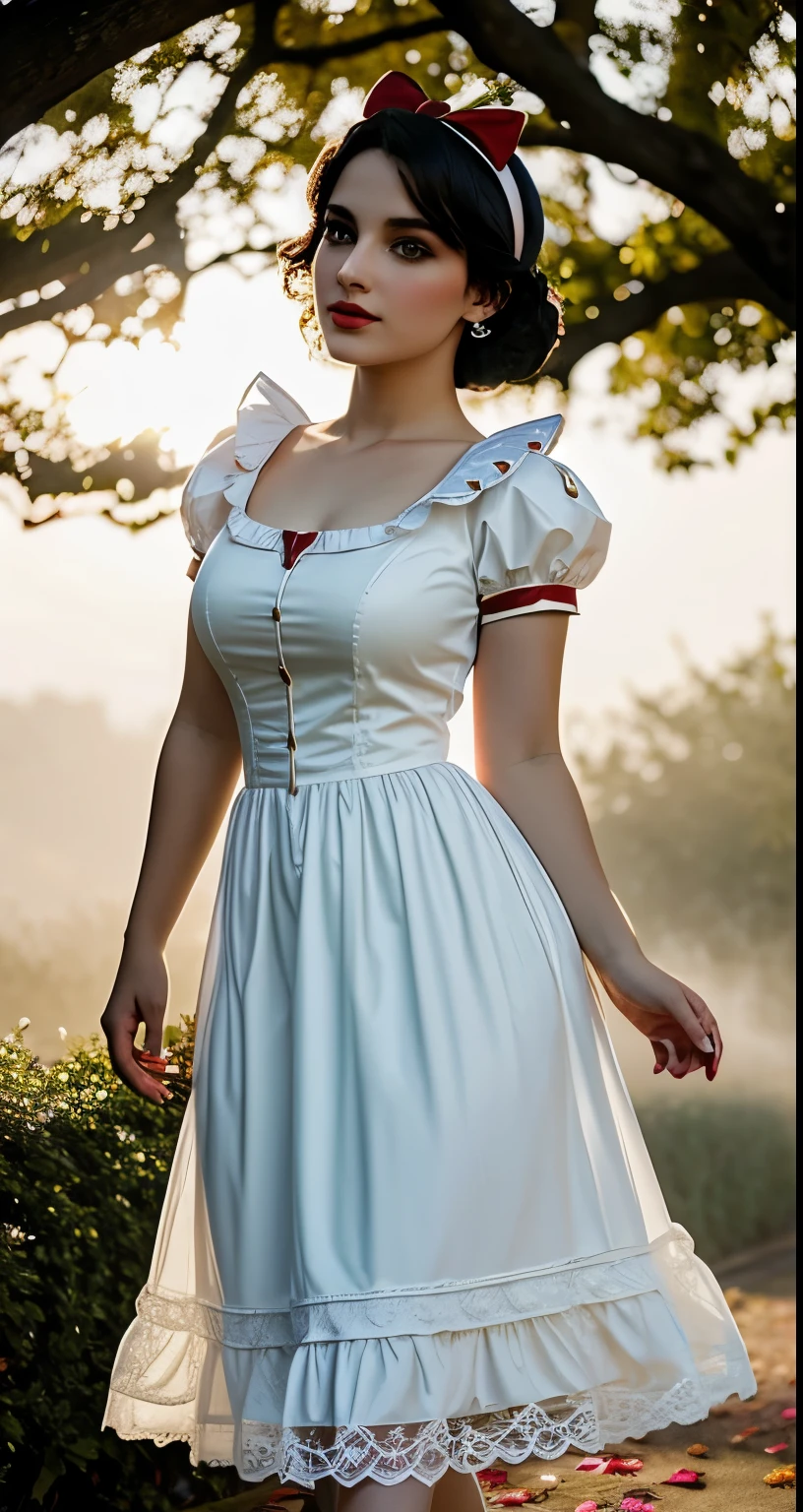 DisneySnowWhite, bow, makeup, puffy short sleeves, hairband, (detailed eyes:0.8), (detailed lips:0.8), blush, textured skin, hourglass figure, (photorealistic:1.2), (warm colors, low contrast, 8k, high quality, shot on Fujifilm X-T4, 85mm f1.2), gigantic breasts, (colorful dress with high collar:1.2), walking in a rose garden, evening, fog, mist nude