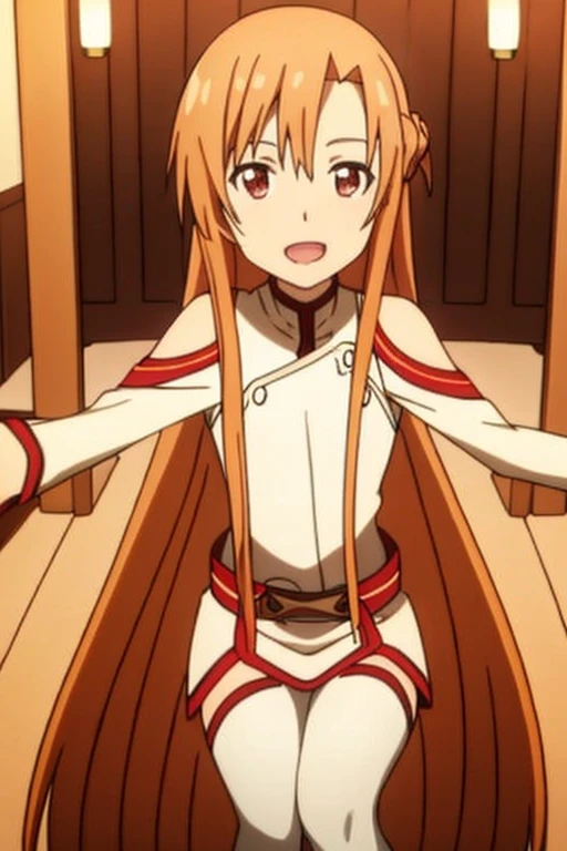 ((Best Quality)), ((masterpiece)), (be familiar with), Perfect Face, indoor, bedroom, Watching the audience,
One woman, Yuuki Asuna,
Open Mouth, Ecstatic expression, blush, smile,
Small breasts, Flat Chest, , , child, Girl,
Long Hair, Long Hair,
Leg spread,