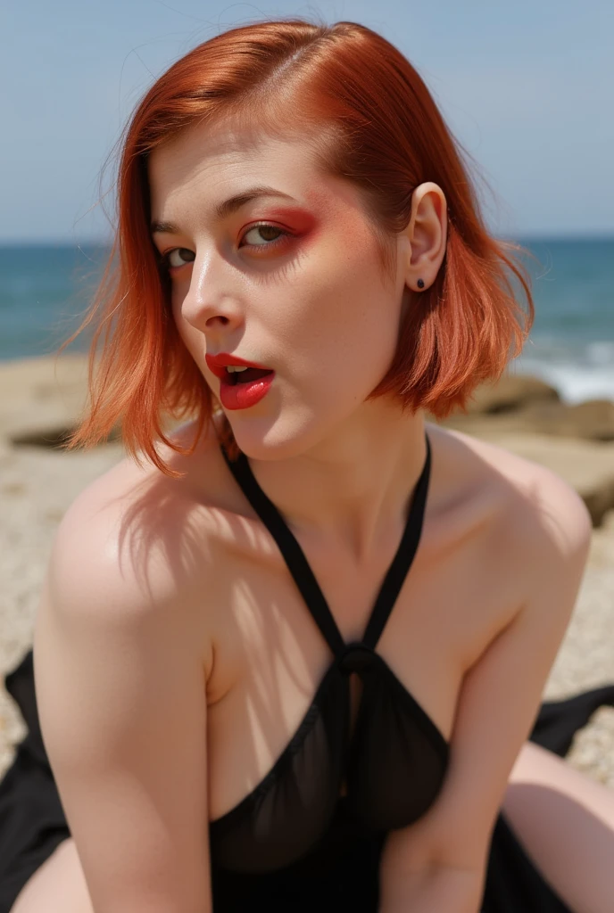 (nude) (Leeloo Dallas, 30 years old), back view, POV blowjob, deep throat, on a deserted beach