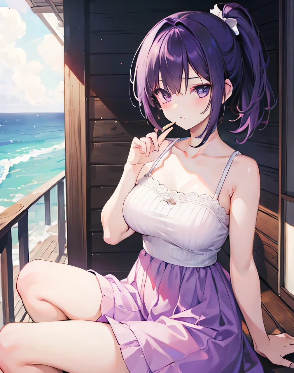 realisitic、top-quality、女の子 1 人、Purple hair、Natural eye color、maikurobikini、beautiful boob 、sand beach、Particles of light、profetional lighting、llight rays、wall-paper、