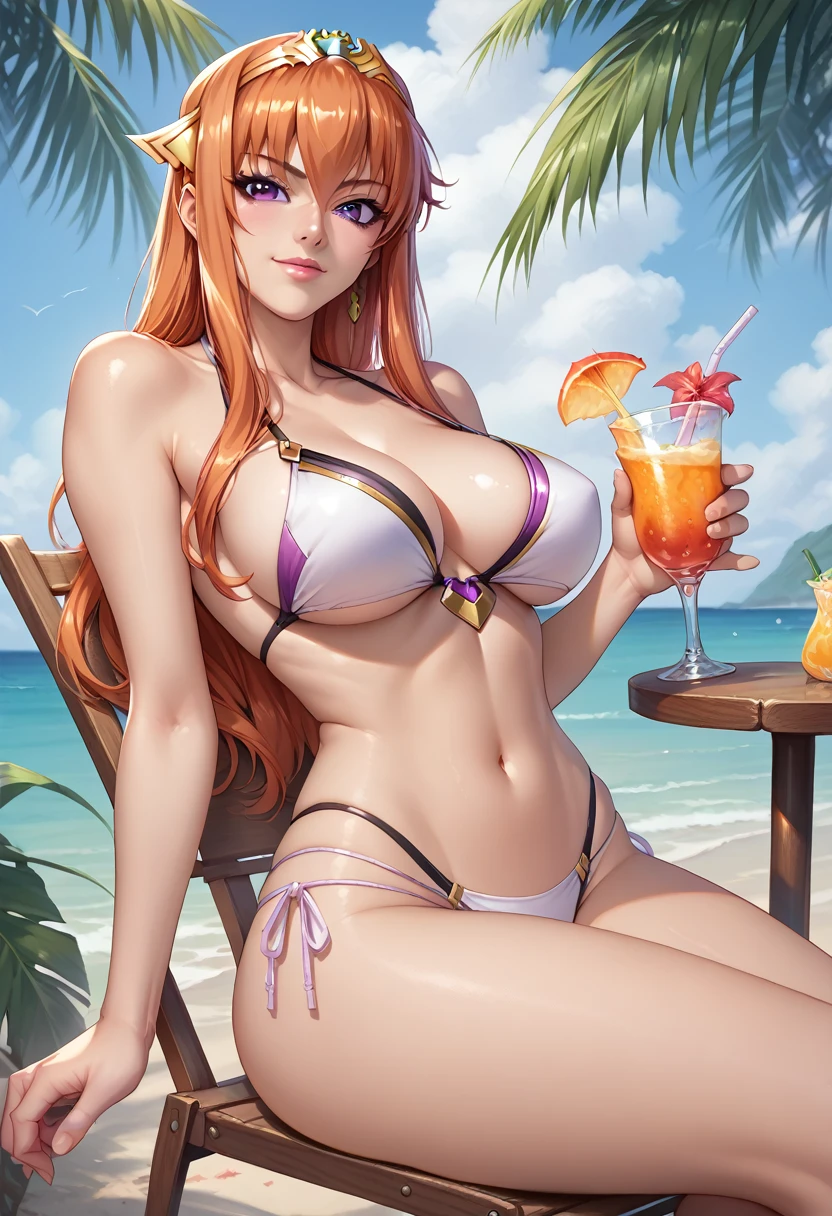 score_9, score_8_up, score_7_up, score_6_up, uncensored, BREAK,Maya Cordelia, tiara, cowboy shot, (5 fingers:1.1), detailed hand,1girl,, solo,looking at viewer, orange hair, long hair, violet eyes, bikini, curvy, large breasts, thighs, midriff, shiny, outdoors, standing, beach, sky, palms, sitting, folded chair, holding a drink, happy,