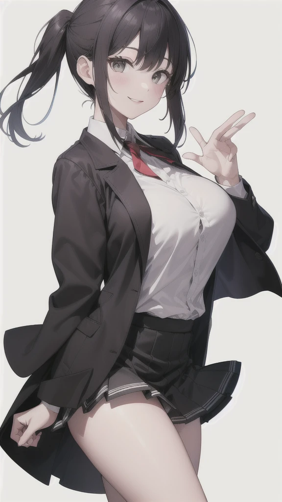 1 woman, standing, with seductive expression, loving smile, view from front, detailed eyes, pose sexy, big breasts, long black hair, his super detailed glowing eyes, Full lips painted red, chiseled physique and wide hips.  glasses, choker:1.6, (long sleeve white collar buttoned shirt), black gloves covering your hands, holding a gun with the right hand, (shiny black leggings), Walking in a dark alley at night, This image oozes realism., capturing the essence of a fragile figure. digital art, photorealistic and high definition technique