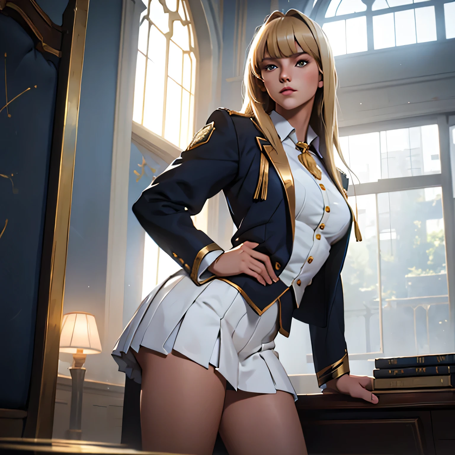 splash art of an eighteen year old young woman, long uncut blonde hair with bangs, light eyes, beautiful mature model beauty, perfect body, academic uniform with skirt and suit in gold, white and dark blue, she is in a student academy with gold details, formal pose.