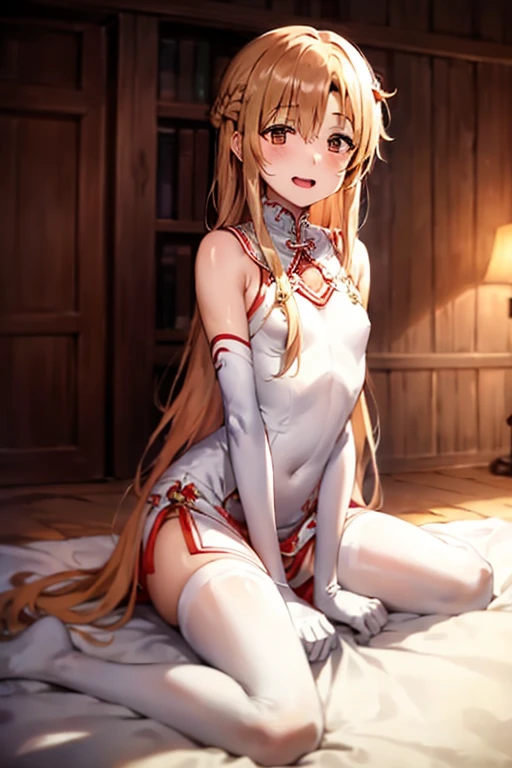 ((Best Quality)), ((masterpiece)), (be familiar with), Perfect Face, indoor, bedroom, Watching the audience,
One woman, Yuuki Asuna,
Open Mouth, Ecstatic expression, blush, smile,
Small breasts, Flat Chest, , , , Girl,
Long Hair, Long Hair,
Leg spread,