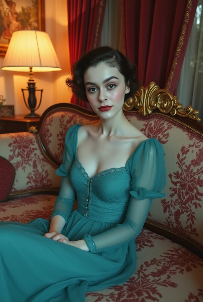 a surreal, luxurious image of a woman sitting elegantly on a lavish, baroque-style couch with ornate golden carvings. She is dressed in a flowing, teal dress with delicate lace details that catch the soft ambient light. Her dark brunette hair is styled in long waves, framing her pale, freckled ethereal face. The room around her is richly decorated, with heavy velvet curtains in a deep crimson hue and walls adorned with intricate, golden floral patterns. A vintage lamp casts a warm glow, contrasting with the cool blue light that illuminates her. The scene has a cinematic, dreamlike quality, with subtle hints of abstraction—the colors appear rich and saturated, giving the room an almost otherworldly atmosphere. In the background, a mysterious, shadowy painting hangs on the wall, adding a sense of intrigue. (She is visibly aroused) on the edge of an organism, mouth open seductively. 