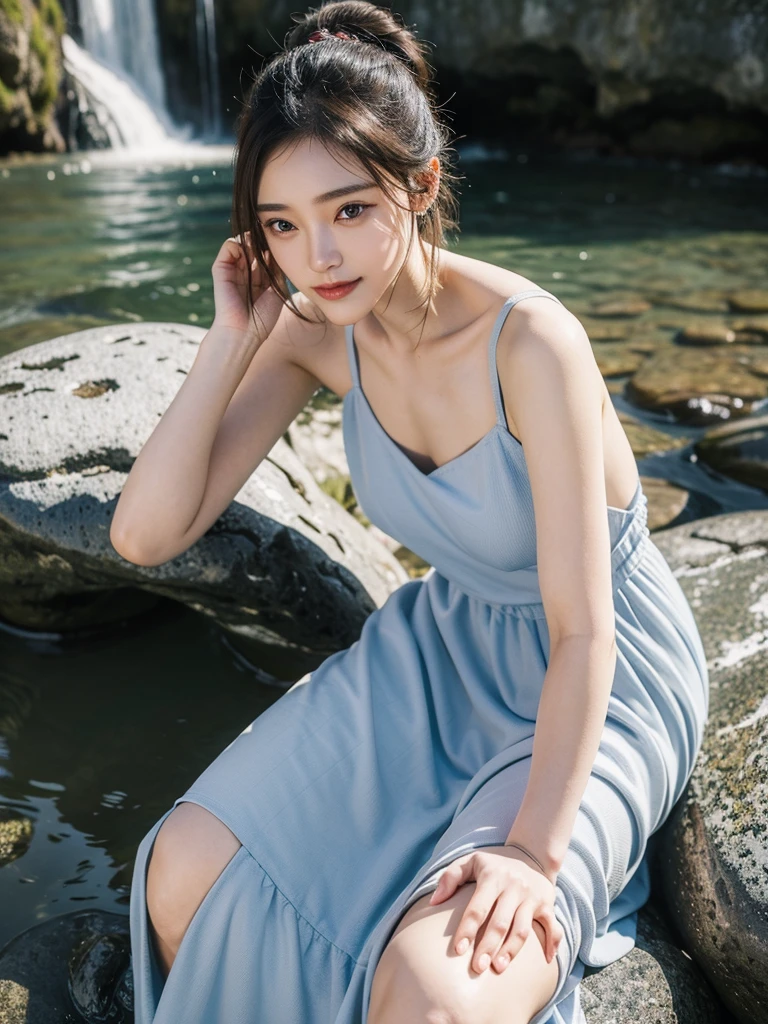 (a beautiful young Japanese woman, age 33,
standing in the Kanakai Waterfall, a serene landscape with a blowing wind & the murmur of the creek, cheerful idol-like expression, (rain 1:1)
extremely detailed face & eyes, beautiful detailed eyes, beautiful detailed lips, long eyelashes, wearing a sky-blue translucent dress that exposes her ample round bosom & nipples, flawless skin, perfect anatomy, detailed hands & fingers, beautiful short hair, hourglass gure,
(best quality,4k,8k,highres,masterpiece:1.2),ultra-detailed,(realistic,photorealistic,photo-realistic:1.37),HDR,UHD,studio lighting,ultra-fine painting,sharp focus,physically-based rendering,extreme detail description,vivid colors,beautiful bokeh effects,professional,concept art, SFW)