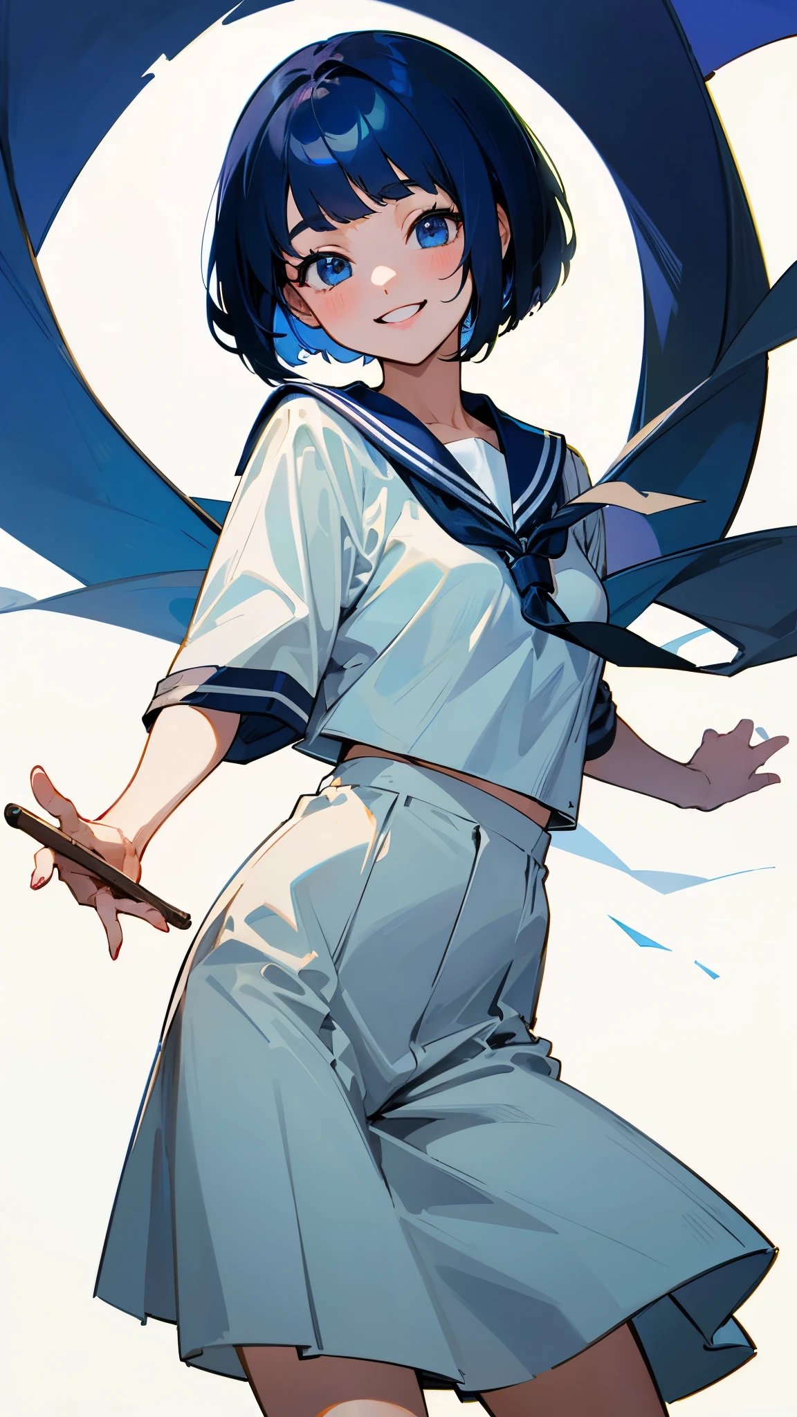 Dark Blue Hair、Bobcut、Cowboy Shot、Smiling with teeth showing、White Sailor Suit、Short-sleeved uniform、Simple Background、High image quality