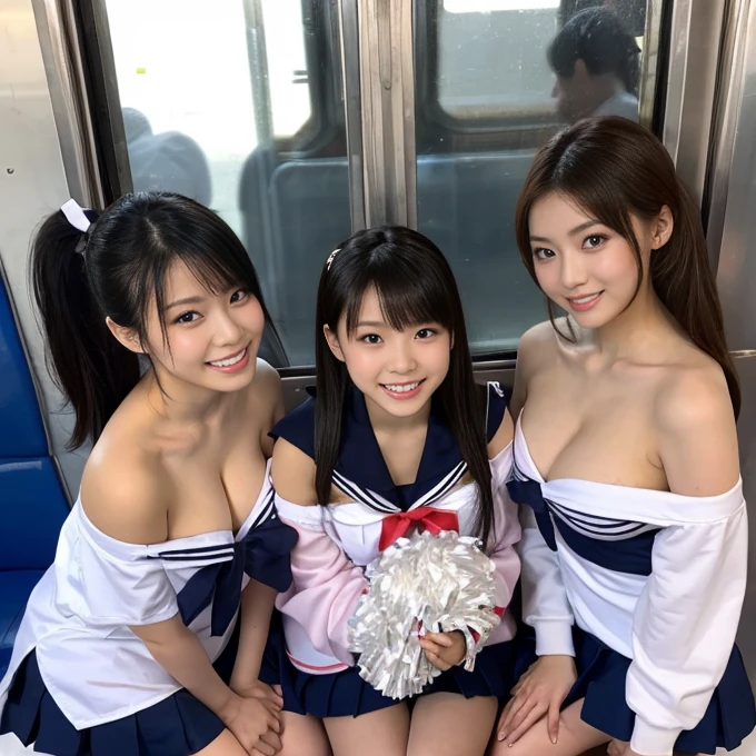 ((Cleavage exposure、Two beauties、Off the shoulder、Cheerleader Costume、High school girl sailor uniform))、Everyone is wearing different clothes、Random and cute、On the train、Top view、Look at me and smile