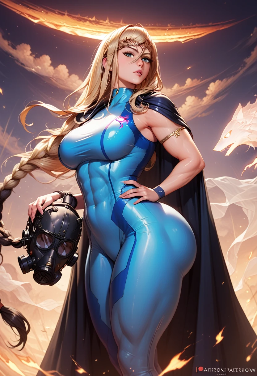 A woman, smooth skin, white skin, big eyes, small torso, huge ass, plump ass, Wide hips, fleshy legs, thick thighs, muscular legs, (The best quality), masterpiece, fantasy, ghost, tall, Samus Aran, flirtatious look, sensual, (She is wearing an old leather cloak that covers her entire body along with a gas mask that covers her face.), (Under the cloak she only wears a blue bodysuit) , She carries a backpack on her back, (ultra high Bloom), (high-contrast), (High quality Shaders), (shadows), (Ultra shadow quality), (hyperrealism), (She is in a fantasy medieval city), expressionless face, 