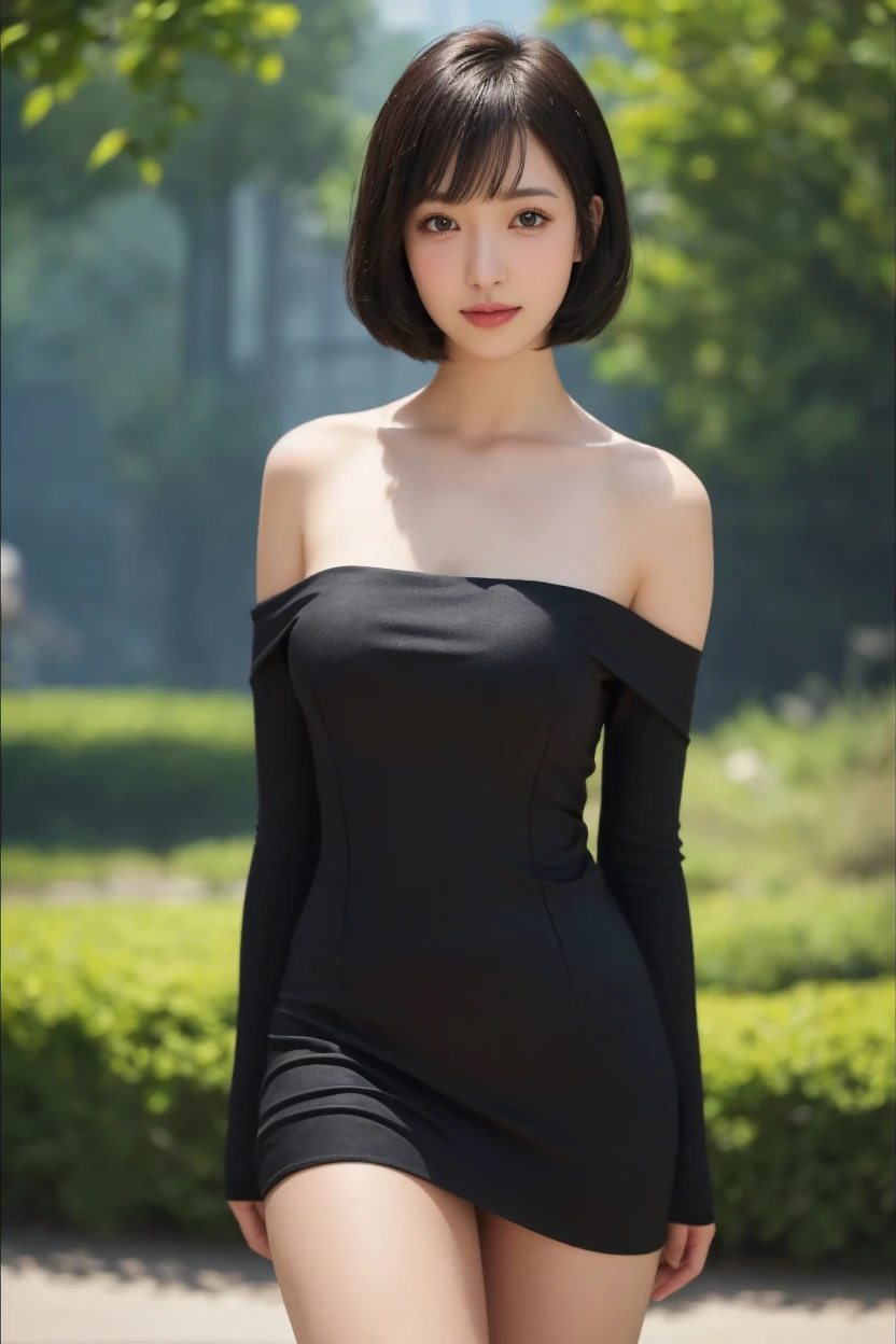 One woman、ふrom the knee up、ふrom Side、A big bust that seems to burst、Very small waist、buttocks a little bigger、Large saggy breasts、Light brown hair, Blunt bangs, Hair behind the ear, Hair that falls over the shoulders,Long Hair 、Side Ponytail、Slim figure, Ultra Fine Face, Thin face, Delicate lips, Beautiful Eyes, Light blush, eyes are light brown,Very shiny skin、Have a look at this, Ultra-thin needle, Very thin fingers, Optimal ratio、(Realistic:1.3), (Off the shoulder、Thighs seen through the slit、It is a very transparent and smooth fabric......:1.2、See-through dress:1.4 )、 Nipples are visible through the、Broadleaf Forest, First Person View, 8k, Tabletop, Super Detail, high quality, 最high quality, High resolution、Blushing cheeks、