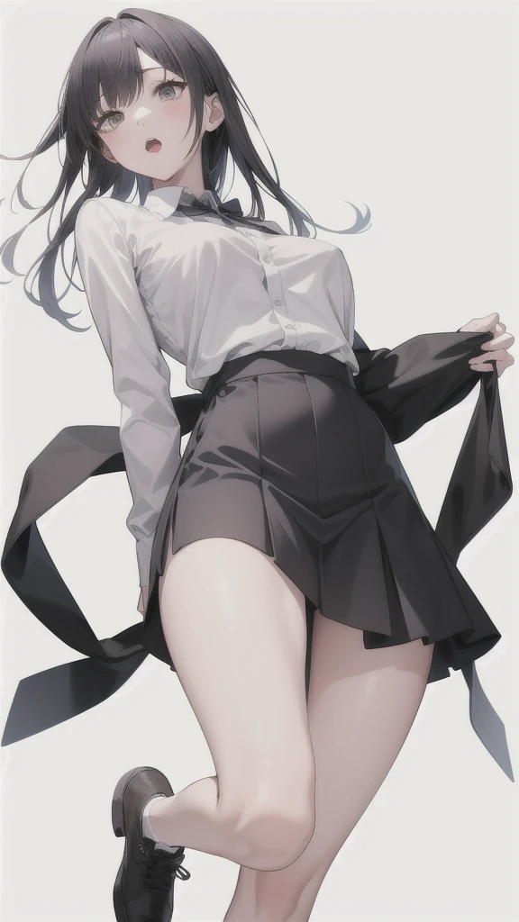 (sfw), (masterpiece:1.2), best quality, masterpiece, highres, original, extremely detailed wallpaper, (ultra-detailed), (best illustration), (best shadow), (Kobeni), small breasts, perky breasts, (white collared shirt), (blood stain:1.1), (horrified:1.2), (black necktie), (shirt stain), (stained), 1girl, looking at viewer, (scared:1.2), (tears:1.1), (brown eyes), (peace sign), ((upskirt view)), ((perfect ass)),