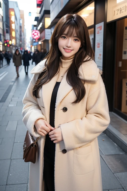 Tabletop, Highest quality, shape, Very detailed, finely, High resolution, 8k wallpaper, 完璧なダイナミックな構shape, Beautiful and detailed, Straight hair, Small breasts, Natural color lip, Random sexy poses,smile,20-year-old girl、Midnight、Beautiful and elaborate face、Perfect and beautiful face,Big eyes、RAW Photos、Expressing feminine poses with the whole body、Beautiful and detailed、Small face、Beautiful Duplex、Slim face and figure,Luxury brand mink coat(Inside:Winter clothes)、Beautiful golden ratio face,ツインponytail,Bright expression,Shooting with a focus on beautiful legs、ponytail、One-sided braid