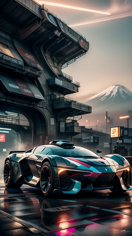 ((masterpiece)), ((best quality)), 8k, ultra-detailed, dynamic view of a futuristic sports car inspired by Japanese design, (sleek and precise design), (red and white color scheme with black accents), aerodynamic curves and samurai sword-like sharp edges, glowing red LED lights, subtle kanji symbols engraved into the metallic body, high-tech exhaust with glowing fumes, motion blur as it speeds down a Tokyo highway, (city lights and Mount Fuji in the background), neon reflections shimmering off the polished surface, capturing Japan’s cutting-edge technology, precision, and cultural depth, blending traditional aesthetics with futuristic innovation