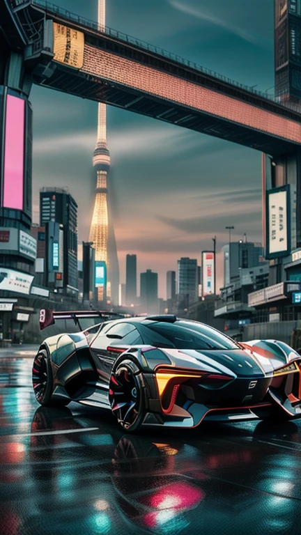 ((masterpiece)), ((best quality)), 8k, ultra-detailed, dynamic view of a futuristic sports car inspired by Japanese design, (sleek and precise design), (red and white color scheme with black accents), aerodynamic curves and samurai sword-like sharp edges, glowing red LED lights, subtle kanji symbols engraved into the metallic body, high-tech exhaust with glowing fumes, motion blur as it speeds down a Tokyo highway, (city lights and Mount Fuji in the background), neon reflections shimmering off the polished surface, capturing Japan’s cutting-edge technology, precision, and cultural depth, blending traditional aesthetics with futuristic innovation