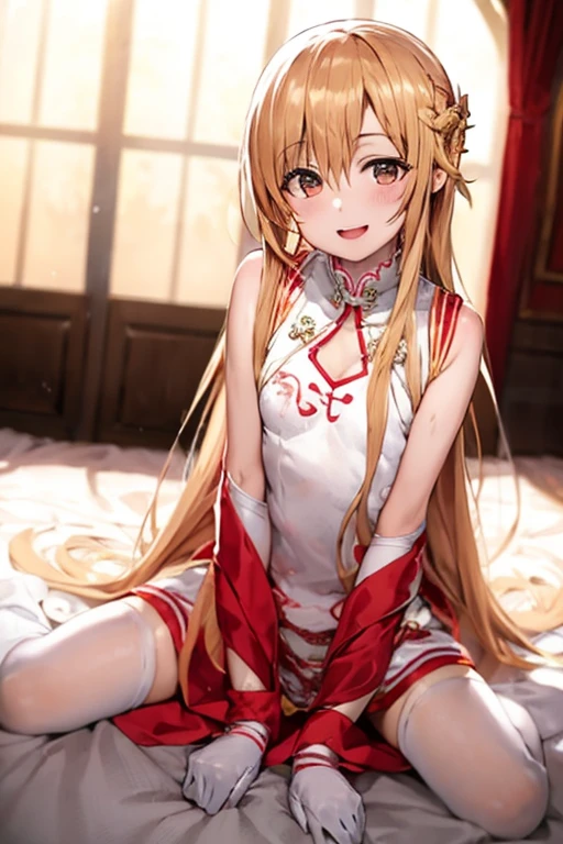 ((Best Quality)), ((masterpiece)), (be familiar with), Perfect Face, indoor, bedroom, Watching the audience,
One woman, Yuuki Asuna,
Open Mouth, Ecstatic expression, blush, smile,
Small breasts, Flat Chest, , , child, Girl,
Long Hair, Long Hair,
Leg spread,