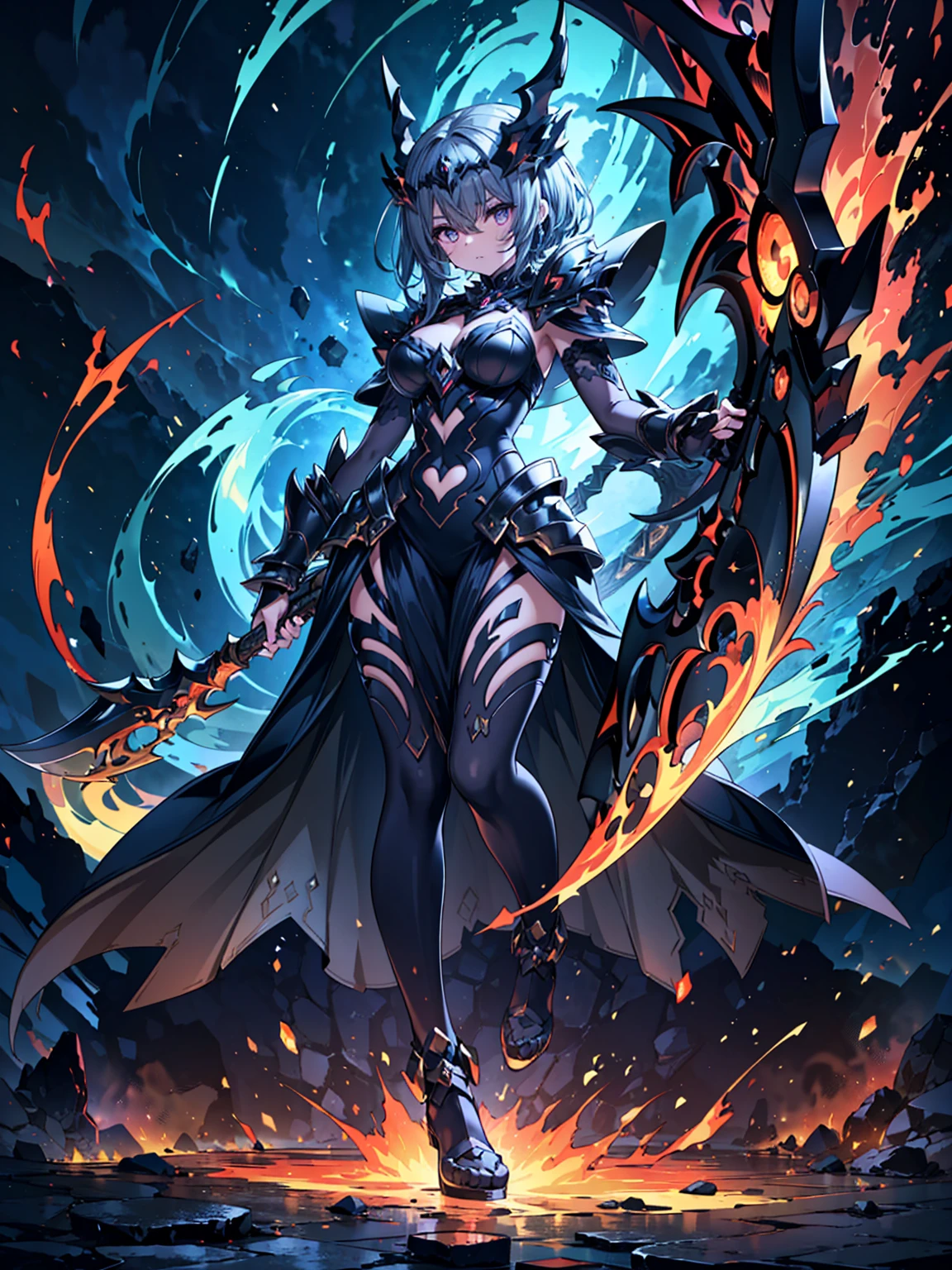 (((masterpiece, best quality, high detailed, 8k))) Design a layout showcase Gaming character, (1girl). Black+Crimson dark armor, stylish and unique. ((weapon:1.4)), cursed sword. (masterpiece:1.2), (best quality), 4k, ultra-detailed. (luminous lighting, atmospheric lighting). dark warrior, ((six wings of shadow and fire)), ((glove full hands)), (((revealing clothes:1.3))), vambraces, armored legwear, (((full_body_shot:1.4))). {In an infernal realm}.
(((extremely imposing presence, black flames, super strong, incredibly beautiful with dark armor))).