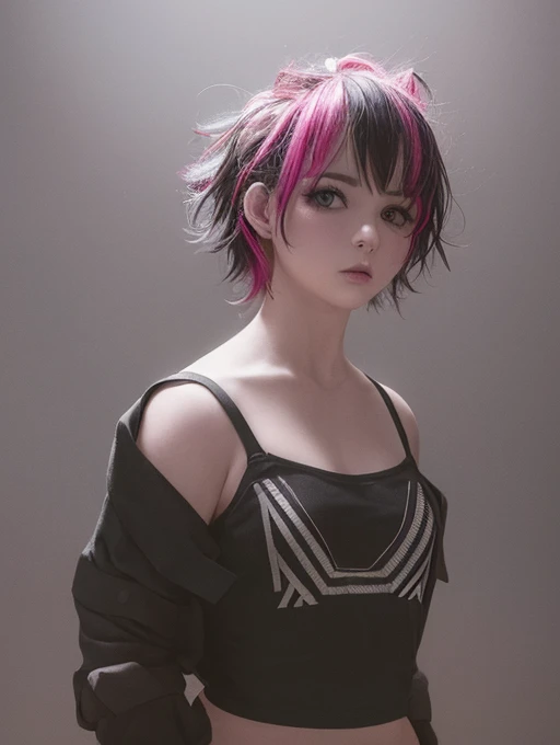One girl,alone, Upper Body,View Viewer, White Background, Bobcut, short hair, Multicolored Hair, compensate , Lips parted, Black Lips, eyeliner, Gothic, Goth Girl, ((Multicolored Hairの色:1.2)),((Small breasts:1.2)),(((Completely naked))),(((nsfw)))