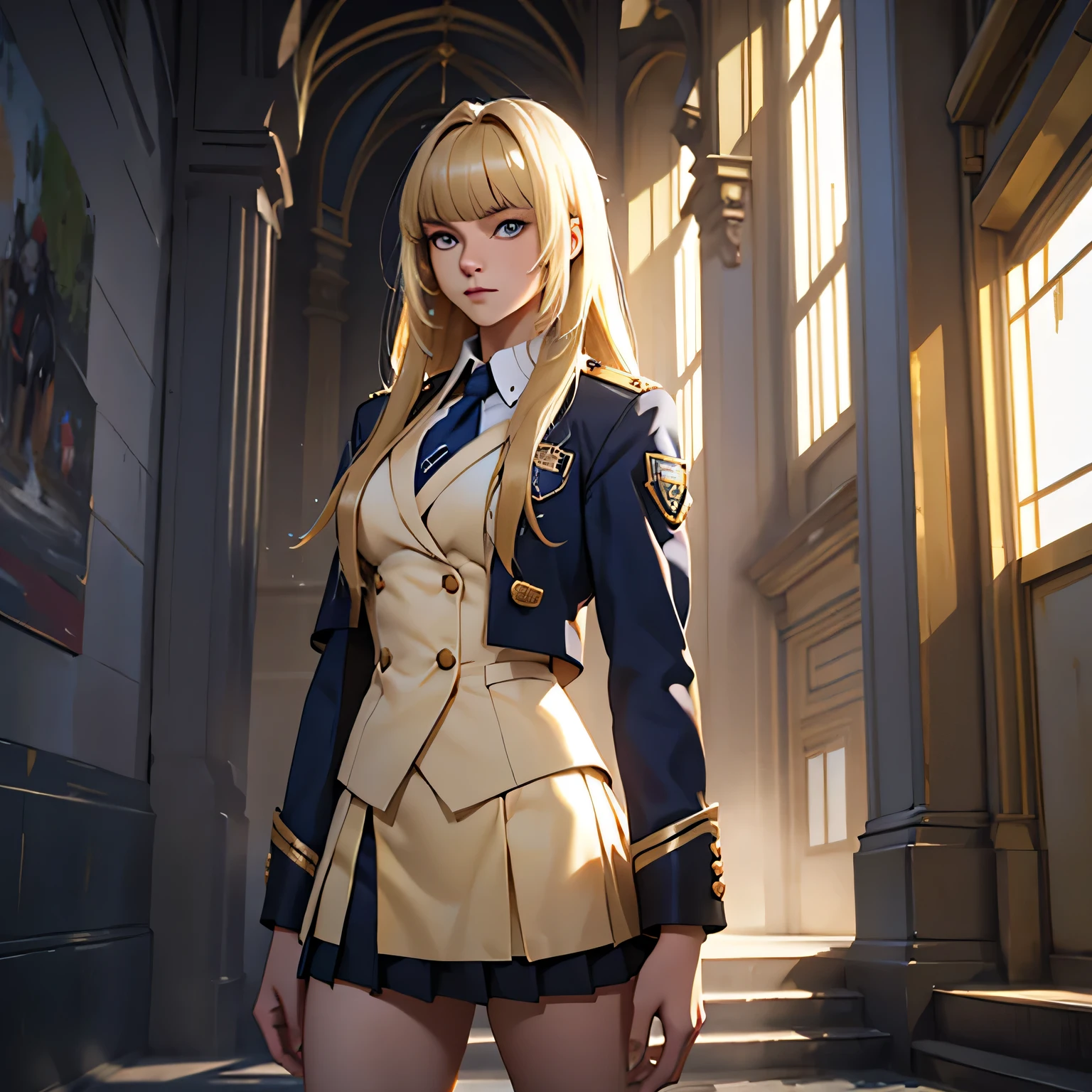 splash art of an eighteen year old young woman, long uncut blonde hair with bangs, light eyes, beautiful mature model beauty, perfect body, academic uniform with skirt and suit in gold, white and dark blue, she is in a student academy with gold details, formal pose.
