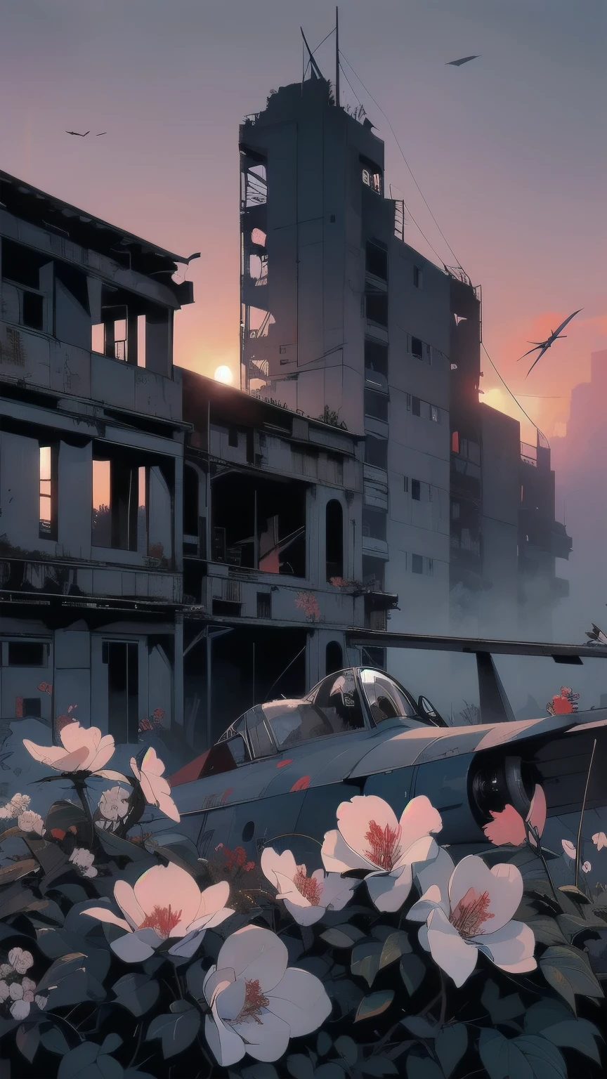 Detailed Machinery、Abandoned Factory、Atrium、White Floweeld、(((Crashed fighter plane)))、Pitch Black Night、Blue dark、Fog、Detailed Background、Top Quality、(((No humans)))、Broken and rusty fighter plane、(((Red Sunset)))、(((White flowers bloom on the building)))