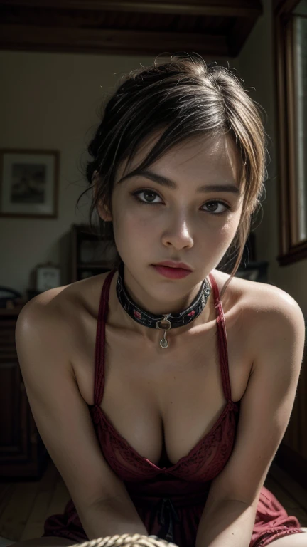 best quality, masterpiece, high resolution, intricate details, extremely detailed, sharp focus, cinematic lighting, 1girl, bondage, slave, sundress, leashed collar, pov, ((viewer holding leash)), , 
