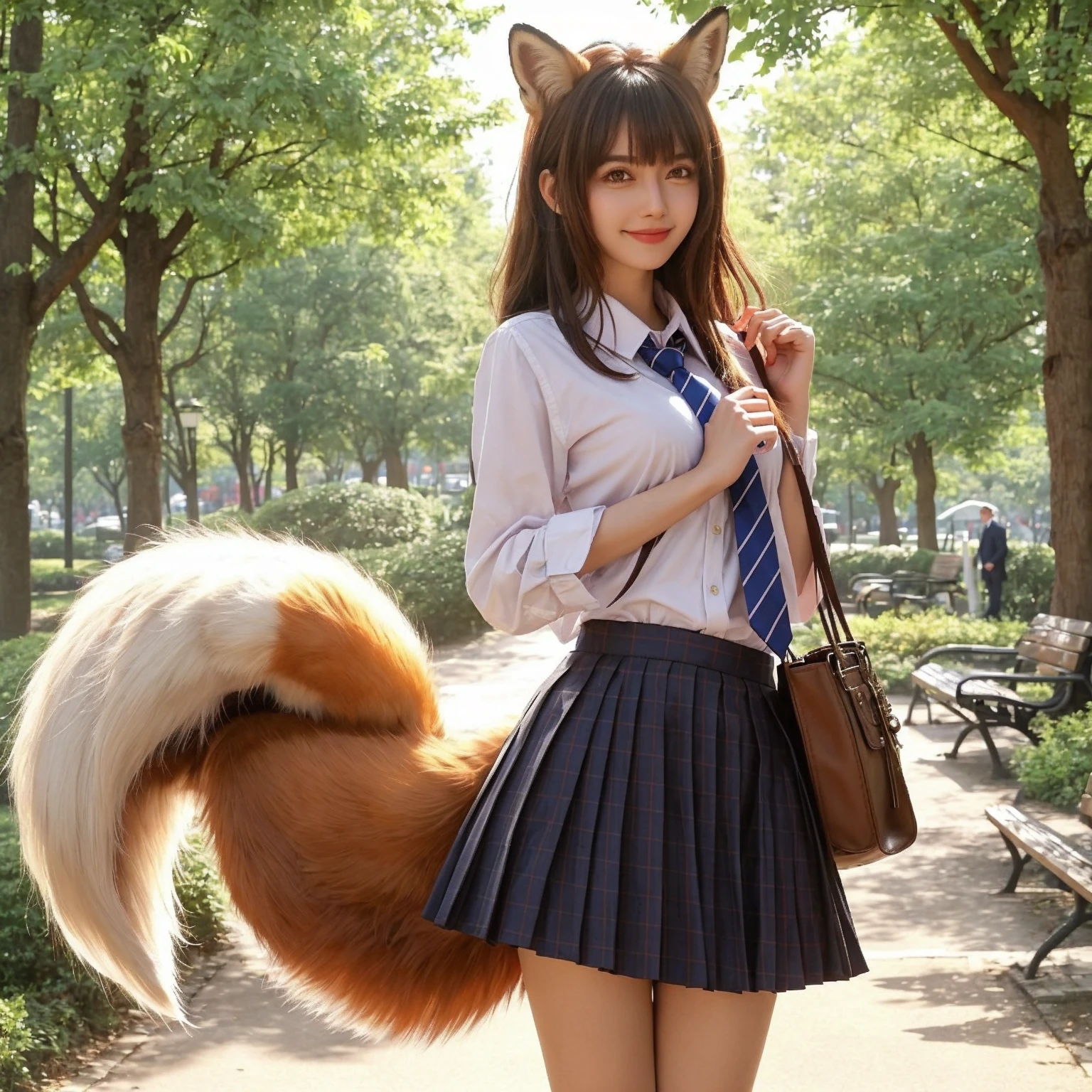 A woman with a fox tail sticking out of her skirt, white panties, NSFW, Bushy tail, a picture, top-quality, Impatient face