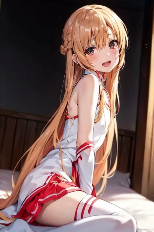 ((Best Quality)), ((masterpiece)), (be familiar with), Perfect Face, indoor, bedroom, Watching the audience,
One woman, Yuuki Asuna,
Open Mouth, Ecstatic expression, blush, smile,
Small breasts, Flat Chest, , , child, Girl,
Long Hair, Long Hair,
Leg spread,