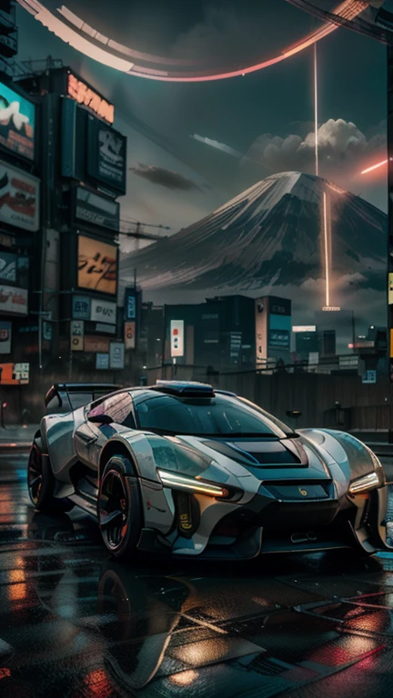 ((masterpiece)), ((best quality)), 8k, ultra-detailed, dynamic view of a futuristic sports car inspired by Japanese design, (sleek and precise design), (red and white color scheme with black accents), aerodynamic curves and samurai sword-like sharp edges, glowing red LED lights, subtle kanji symbols engraved into the metallic body, high-tech exhaust with glowing fumes, motion blur as it speeds down a Tokyo highway, (city lights and Mount Fuji in the background), neon reflections shimmering off the polished surface, capturing Japan’s cutting-edge technology, precision, and cultural depth, blending traditional aesthetics with futuristic innovation