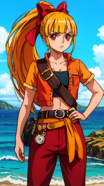 (Teens:1girl: ppgzmmk), (extremely detailed CG unit 8k wallpaper),(master part), (best quality), (ultra detail), (best illustration),(digital art), standing, neutral pose, cowboy shot, (Sharp eyeliner, ombre, detailed eyes:1), blue sky, ocean, beach, outdoor, ,break , (wano style), upper body, (PiGa), (long hair, blonde hair, hair bow, blunt bangs, ponytail, red eyes, bright pupils), dougi, belt, orange pants