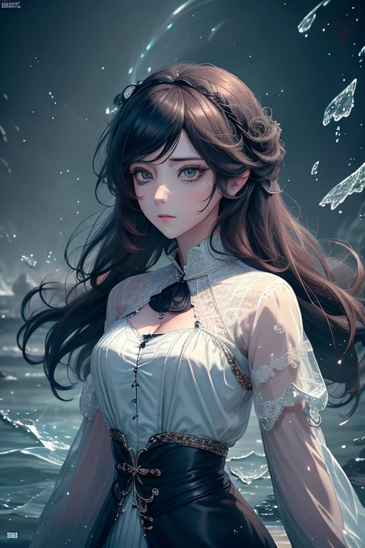 Official Art, Unity 8k wallpaper, super detailed, beautiful, beautiful, masterpiece, best quality, darkness, atmosphere, mystery, romanticism, creepy, literature, art, fashion, victorian, decoration, intricacies, ironwork, lace, contemplation, emotional depth, supernatural, 1 girl, solo, neck, mid body composition, (very pale skin:1.1), dark bags under her eyes, (bags under eyes:1.6)