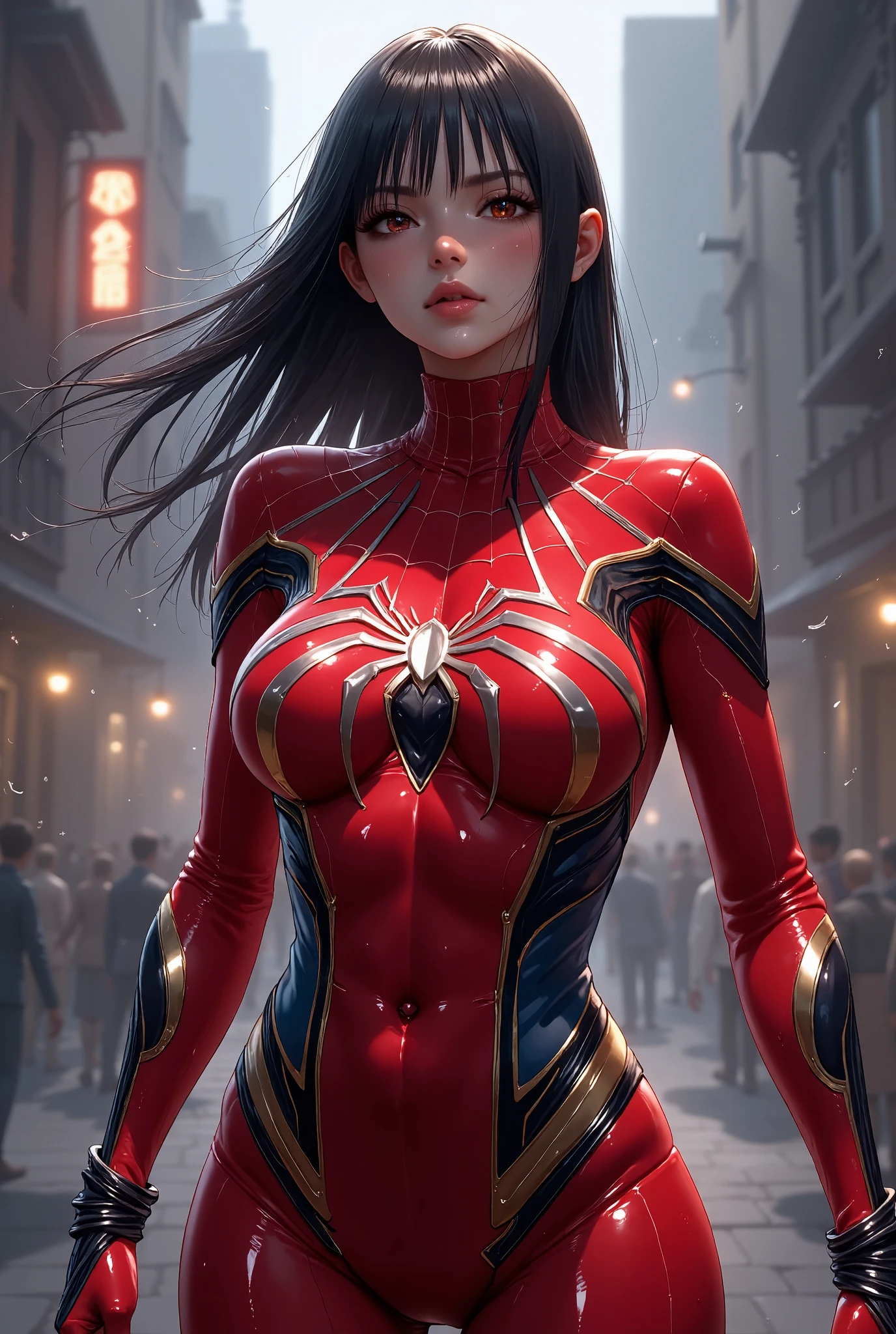 Semi-realism, Anime style, shiny skin, white skin, Spider woman, red spiderman suit, spider logo on chest, detailed clothing, realistic lighting, volumetric fog, dramatic moody lighting, vibrant colors, stunning 4k, highly detailed, photorealistic, masterpiece