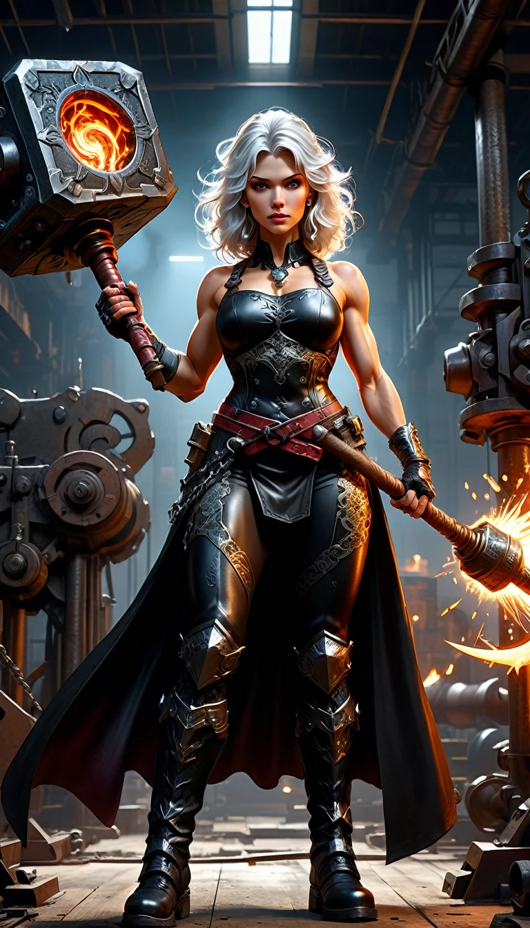 (wide angle), 1woman, goddess of the forge, Hephaestus, ((blacksmith woman)), middle-aged woman in her 40s, toned muscle physique, ((medium length wavy with crimson roots fading to black tips)), burn scars on chest and arms, (wearing leather apron, apron with glowing symbols), (tight black button up shirt) , (wearing skin tight white leggings), (wearing flat heeled black work boots), ((swings a huge smithy hammer in one hand, over her head)), smith's hammer glows, she stands at an angelic anvil, (set inside a massive automated factory:1.37), ((high resolution)), intricately detailed facial features, detailed piercing eyes, refined jawline, masterpiece, 8k, ((hyper realistic)), overhead swing pose, cinematic lighting, dramatic shadows, warm color tones, intricate details, hyper-detailed, battle hammer, (spl1th41r, two tone hair)