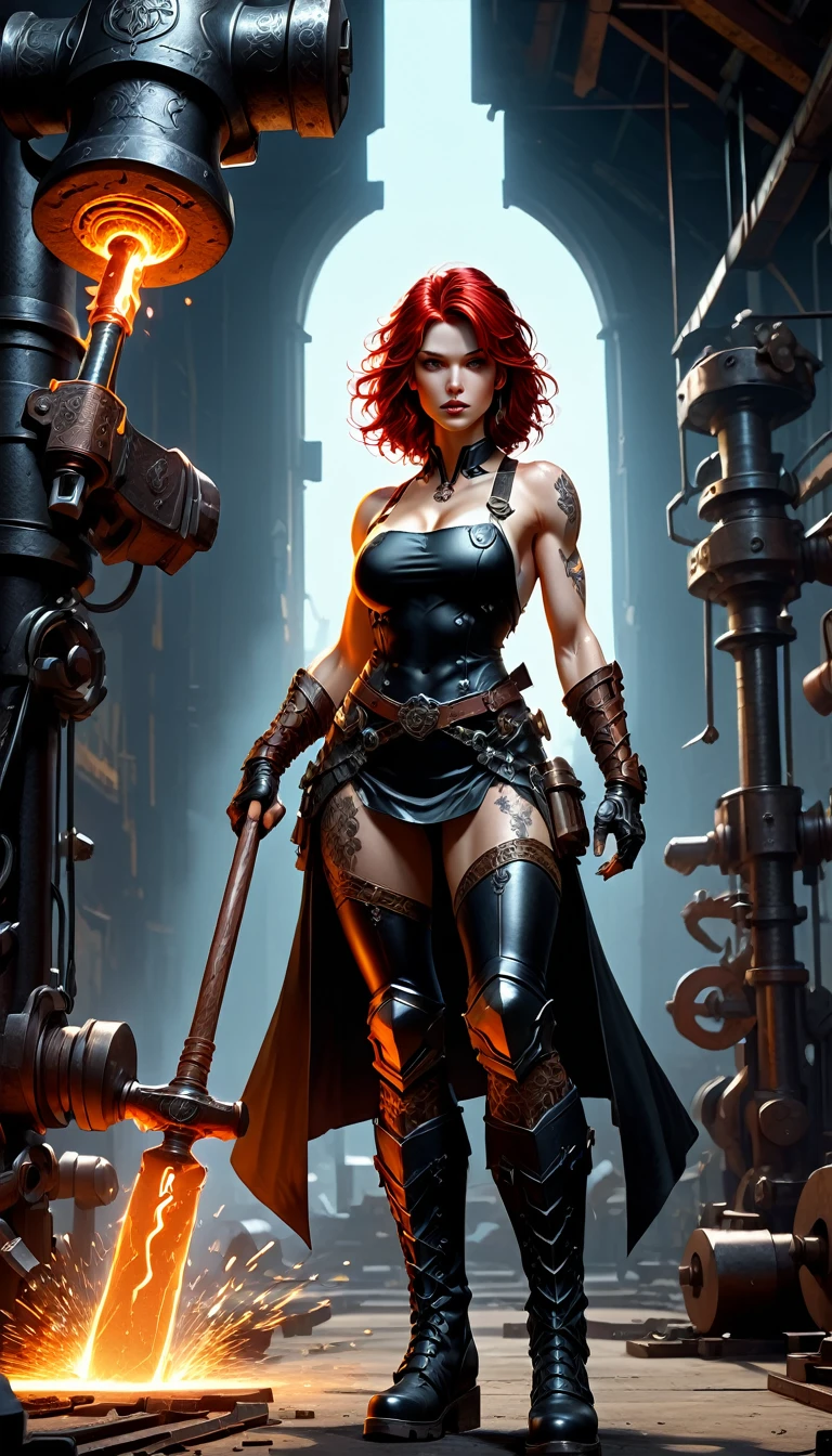 (wide angle), 1woman, goddess of the forge, Hephaestus, ((blacksmith woman)), middle-aged woman in her 40s, toned muscle physique, ((medium length wavy with crimson roots fading to black tips)), burn scars on chest and arms, (wearing leather apron, apron with glowing symbols), (tight black button up shirt) , (wearing skin tight white leggings), (wearing flat heeled black work boots), ((swings a huge smithy hammer in one hand, over her head)), smith's hammer glows, she stands at an angelic anvil, (set inside a massive automated factory:1.37), ((high resolution)), intricately detailed facial features, detailed piercing eyes, refined jawline, masterpiece, 8k, ((hyper realistic)), overhead swing pose, cinematic lighting, dramatic shadows, warm color tones, intricate details, hyper-detailed, battle hammer, (spl1th41r, two tone hair)