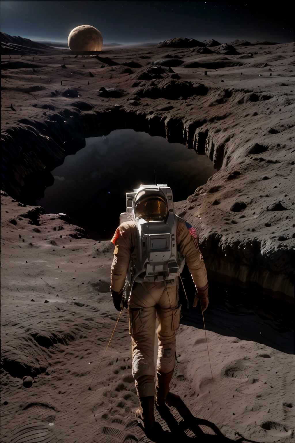 a lunar module landing on the surface of the moon, highly detailed 8k, photorealistic, cinematic lighting, dramatic, epic scale, realistic space shuttle, lunar rover, astronaut walking on the moon, American flag, craters, rocky terrain, Earth visible in the background, dramatic shadows, vivid colors