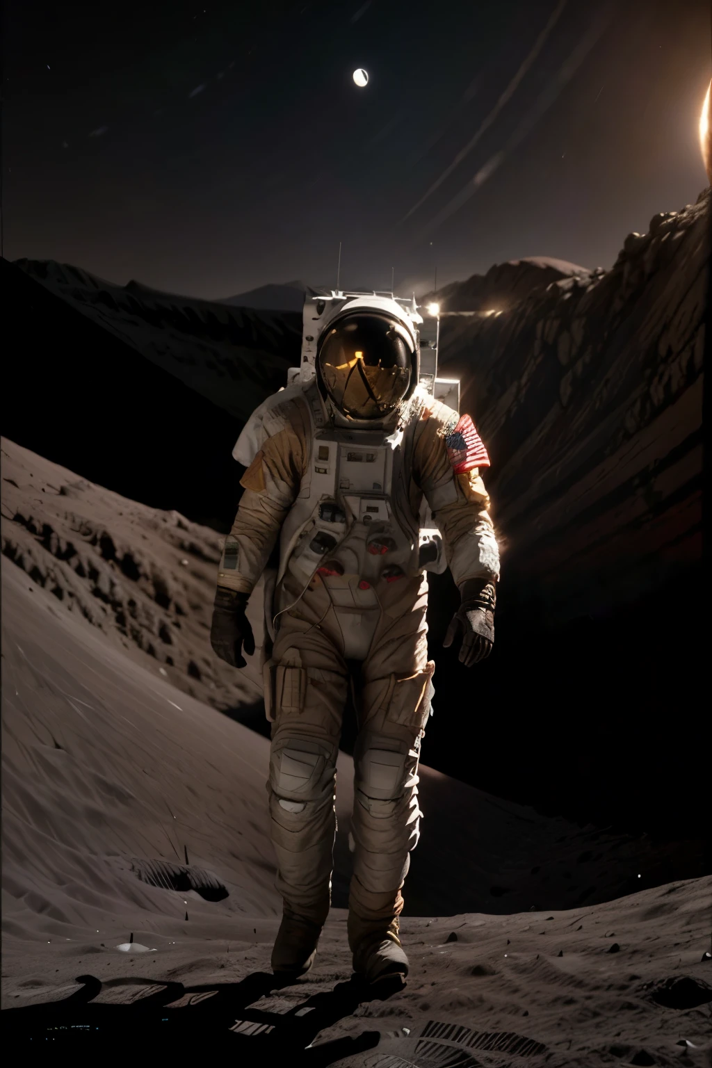 a lunar module landing on the surface of the moon, highly detailed 8k, photorealistic, cinematic lighting, dramatic, epic scale, realistic space shuttle, lunar rover, astronaut walking on the moon, American flag, craters, rocky terrain, Earth visible in the background, dramatic shadows, vivid colors