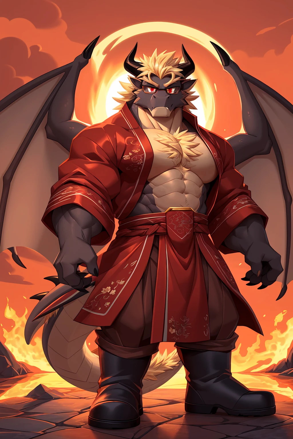 (sfw:1.5), male focus, Handsome 1boy, solitary, single,protrait photo, (Light blond thick eyebrows:1.3), (Black nails, Black Claws:1.3), (Dark brown dragon wings, Translucent wing membrane:1.5), Dark brown skin, Light blond chest hair, Light golden belly hair, (Dark brown tail:1.4), White fangs, (Perfect red eyes:1.4), (Dark brown ears, Dark brown body:1.3), (Dark brown thick horns, Dark brown horns, Dark brown curved horns:1.4), (黑棕色的Dragon Tail:1.2), (Light blond hair:1.4), (Beige chest, Beige abdominal muscles:1.1),
demon, feet, Demom, devil, devil boy, devil body, Demom boy, Demom body, (evil eyes, big eyes, large eyes:1.4), (Dragon Tail:1.4), (Chubby, The body is huge, Larger face:1.2), (Bare neck:1.4),
(Ancient costume, Hanfu:1.5), (Dark brown clothing:1.4), (brown belt:1.3), (A red jade pendant hangs around the waist:1.3), (Dark brown boots, Red shoelaces:1.2), (Red clothes texture:1.3), (Mars splashes, spark:1.2),
(full body:1.3), (Mature men:1.4), (Strong body, muscle,Strong male, muscle男:1.3), (flight, Standing:1.3), (Looking at the audience, Focus, Eyes gaze:1.2), (charming, charm, :1.3), (evil smile, evil grin, Smirk:1.3),
full background, Night, Mountains and rivers, hell, confusion, magma, flame, Broken Ground,
Mysterious and romantic atmosphere, Caustic lines(refraction, polarization)Perfect anatomical structure, absurd, Detailed background, (Delicate eyes:1.3),Printing style。((artist:Takemoto Arashi))