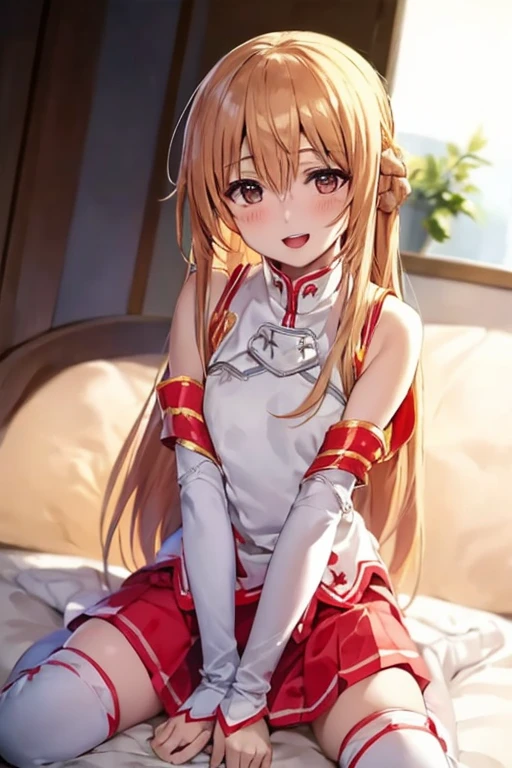 ((Best Quality)), ((masterpiece)), (be familiar with), Perfect Face, indoor, bedroom, Watching the audience,
One woman, Yuuki Asuna,
Open Mouth, Ecstatic expression, blush, smile,
Small breasts, Flat Chest, , , child, Girl,
Long Hair, Long Hair,
Leg spread,