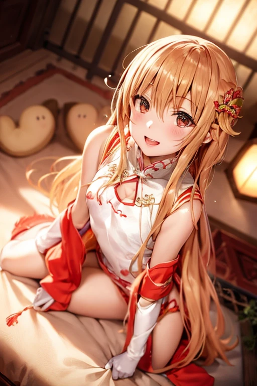 ((Best Quality)), ((masterpiece)), (be familiar with), Perfect Face, indoor, bedroom, Watching the audience,
One woman, Yuuki Asuna,
Open Mouth, Ecstatic expression, blush, smile,
Small breasts, Flat Chest, , , , Girl,
Long Hair, Long Hair,
Leg spread,