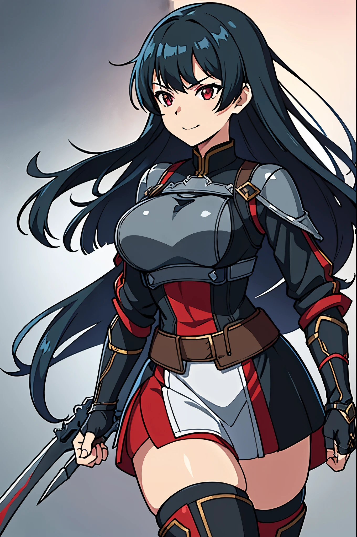(high-quality, breathtaking),(expressive eyes, perfect face) 1girl, female, solo, Sword Art Online, mature, half open eyes, Alicization, Symmetrical Eyes, simple background, gentle smile, long hair, fantasy outfit, SAO inspired, maomao, armor, chest plate, sword art online outfit, cowboy shot, medium full shot, black hair, bangs, alluring red eyes, large breasts, knight attire, Bicep-high Gauntlets, Armored Boots, Thigh-high Heeled Boots, Armored Gauntlets, Adventurer gear, battle Skirt, black white and red palette