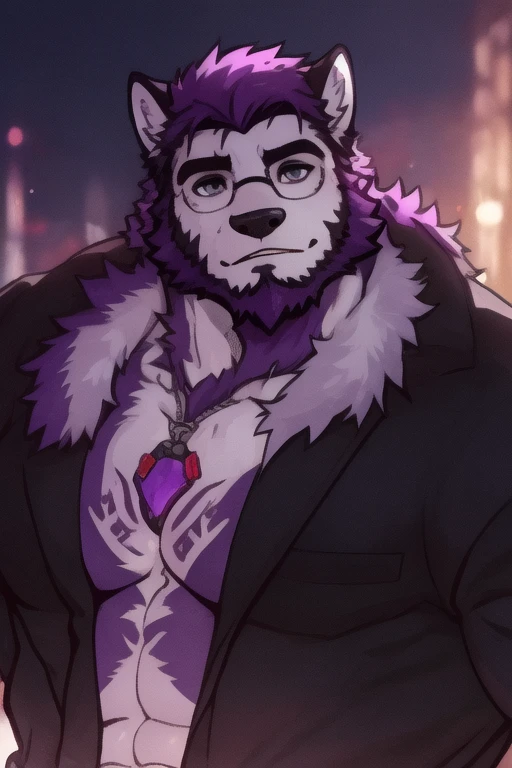 A wolf with dark violet fur, very muscular, darker beard, shirtless, wearing black bracelets on both wrists, with glasses, gray eyes, very sensual.