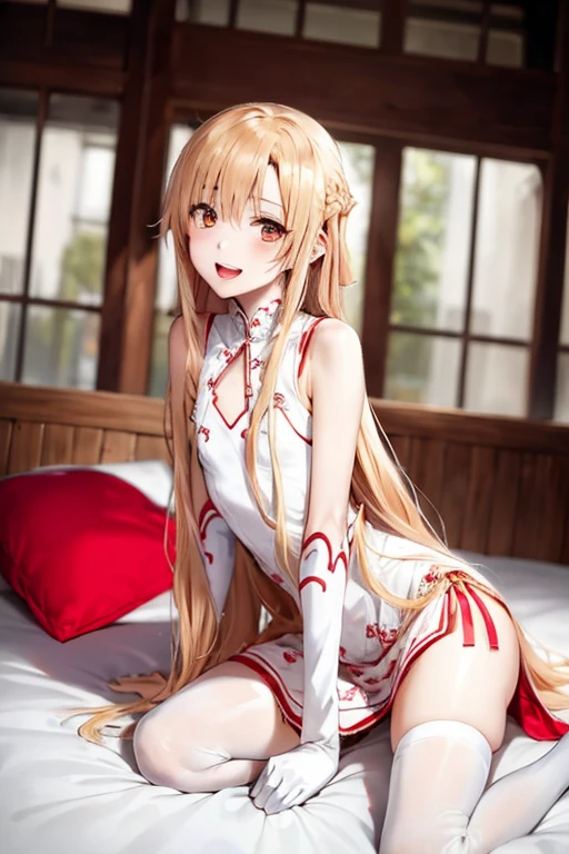 ((Best Quality)), ((masterpiece)), (be familiar with), Perfect Face, indoor, bedroom, Watching the audience,
One woman, Yuuki Asuna,
Open Mouth, Ecstatic expression, blush, smile,
Small breasts, Flat Chest, , , , Girl,
Long Hair, Long Hair,
Leg spread,