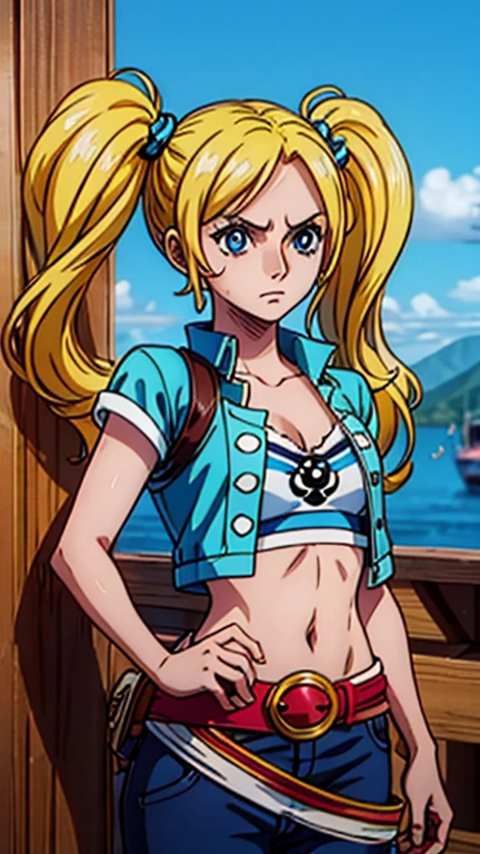 (Teens:1girl: Bubbles), (extremely detailed CG unit 8k wallpaper),(master part), (best quality), (ultra detail), (best illustration),(digital art), standing, neutral pose, cowboy shot, (Sharp eyeliner, ombre, detailed eyes:1), blue sky, lake, island, outdoor, ,break , (wano style), upper body, (pirate garb), (yellow-blonde hair, blue eyes, short twintails, pigtails), 