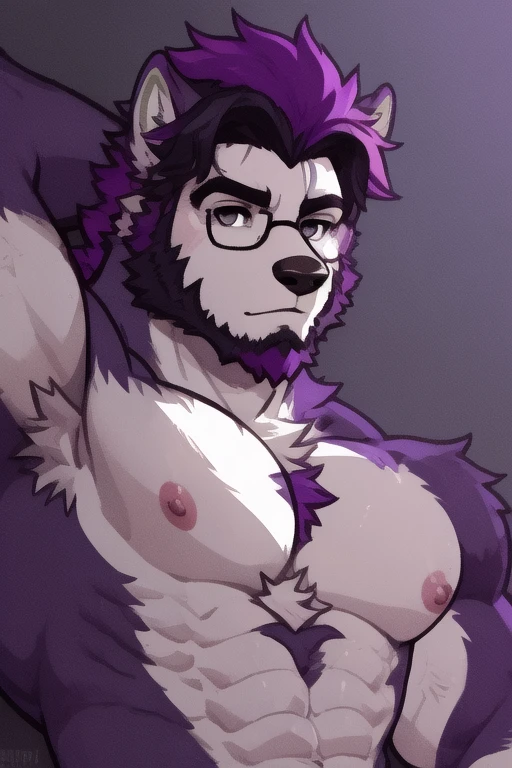 A wolf with dark violet fur, very muscular, darker beard, shirtless, wearing black bracelets on both wrists, with glasses, gray eyes, very sensual.