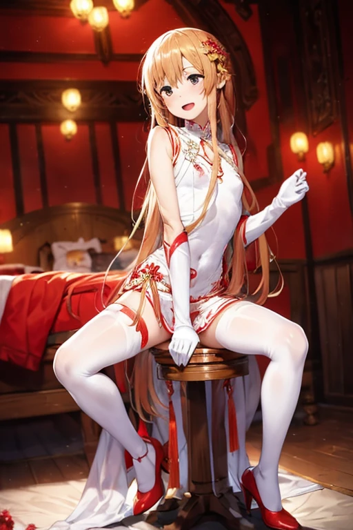 ((Best Quality)), ((masterpiece)), (be familiar with), Perfect Face, indoor, bedroom, Watching the audience,
One woman, Yuuki Asuna,
Open Mouth, Ecstatic expression, blush, smile,
Small breasts, Flat Chest, , , child, Girl,
Long Hair, Long Hair,
Leg spread,