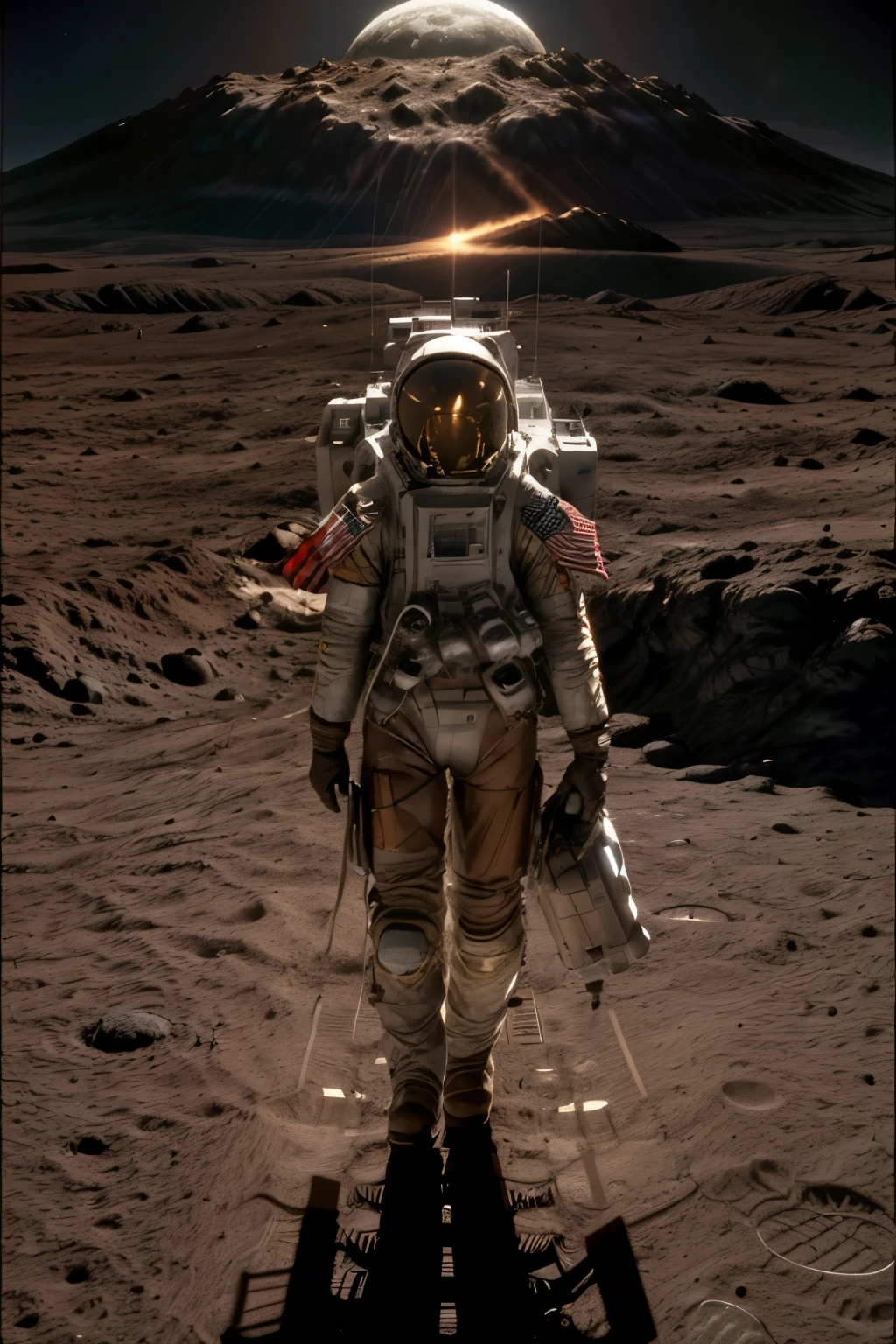 a lunar module landing on the surface of the moon, highly detailed 8k, photorealistic, cinematic lighting, dramatic, epic scale, realistic space shuttle, lunar rover, astronaut walking on the moon, American flag, craters, rocky terrain, Earth visible in the background, dramatic shadows, vivid colors