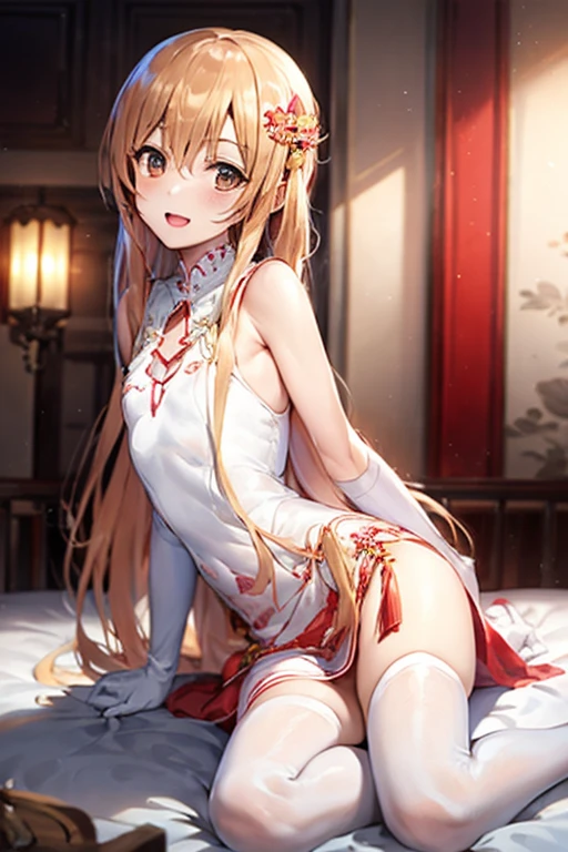 ((Best Quality)), ((masterpiece)), (be familiar with), Perfect Face, indoor, bedroom, Watching the audience,
One woman, Yuuki Asuna,
Open Mouth, Ecstatic expression, blush, smile,
Small breasts, Flat Chest, , , , Girl,
Long Hair, Long Hair,
Leg spread,