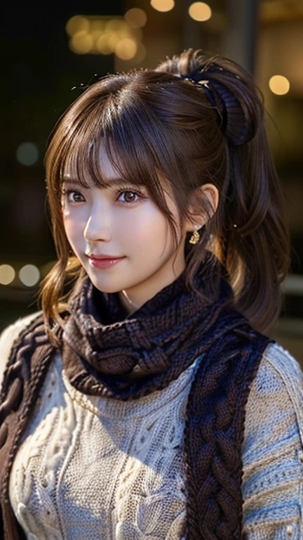 1 Japanese girl,(Cable knit sweater:1.4),(Wearing a large scarf:1.4), (RAW Photos, Best Quality), (Realistic, Realistic:1.4), Full Body Shot, Very delicate and beautiful, 非常にdetailed, 8K wallpaper, wonderful, detailed, 非常にdetailedなCG Unity, High resolution, Soft light, 美しくdetailedな24歳の女の子, 非常にdetailedな目と顔, Beautifully detailed nose, Beautiful details,Cinema Lighting,Night view,Perfect Anatomy,Slender body,(Large Breasts、E Cup:1.2)、smile、 (Asymmetrical bangs,Dark Brown Hair,ponytail:1.4)